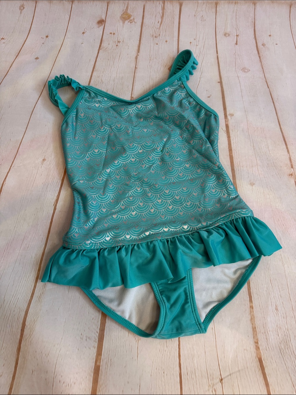 Cat & Jack Girls Teal and Silver Mermaid Ruffle Strap One-Piece Swimsuit